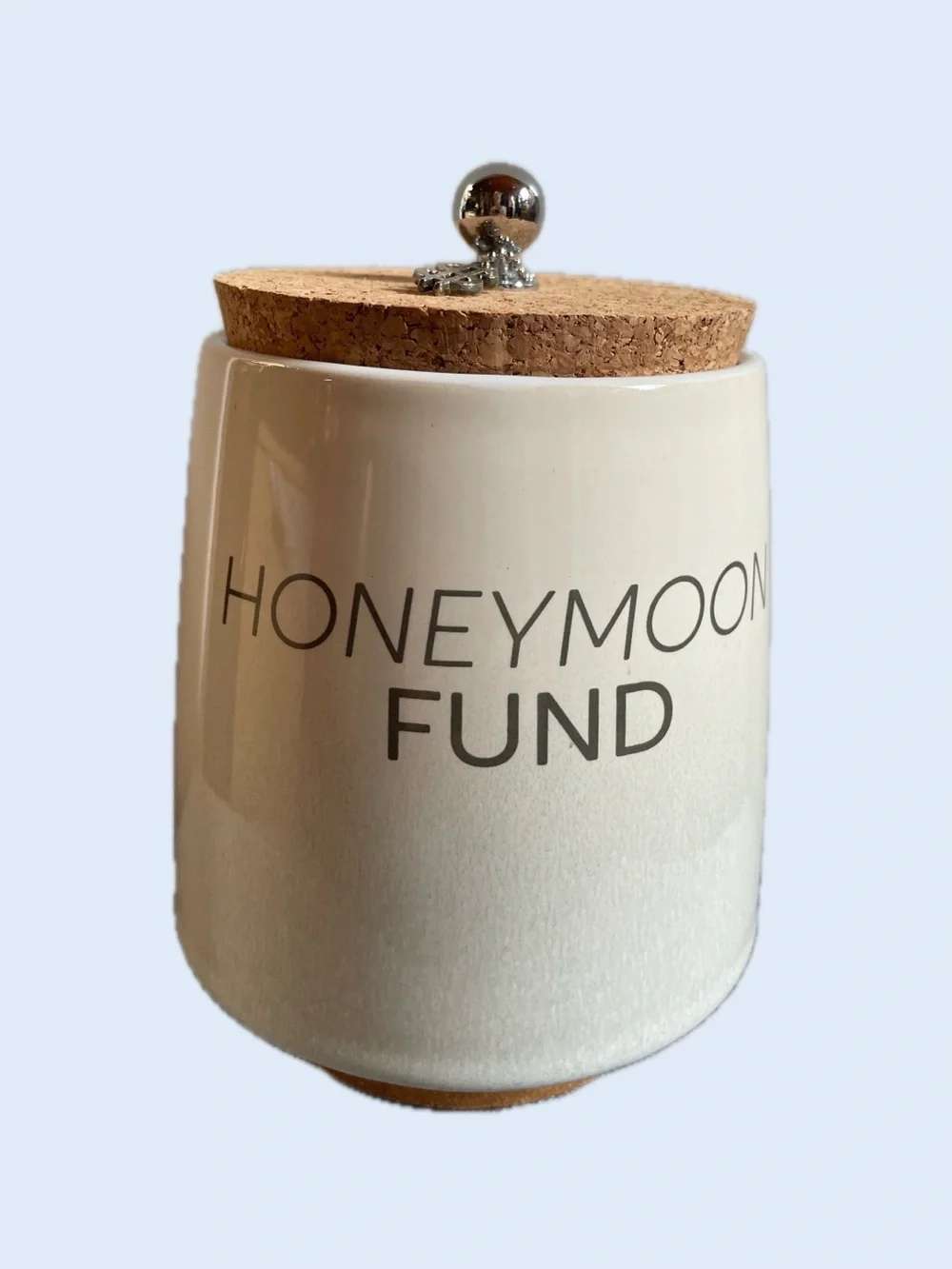 Honeymoon Fund Ceramic Money Jar with Cork Lid & Cute Little Metal Money Design
